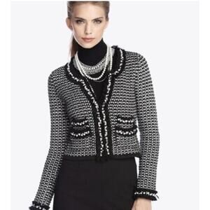 White House Black Market black and white tweed jacket‎ with faux pearl trim
